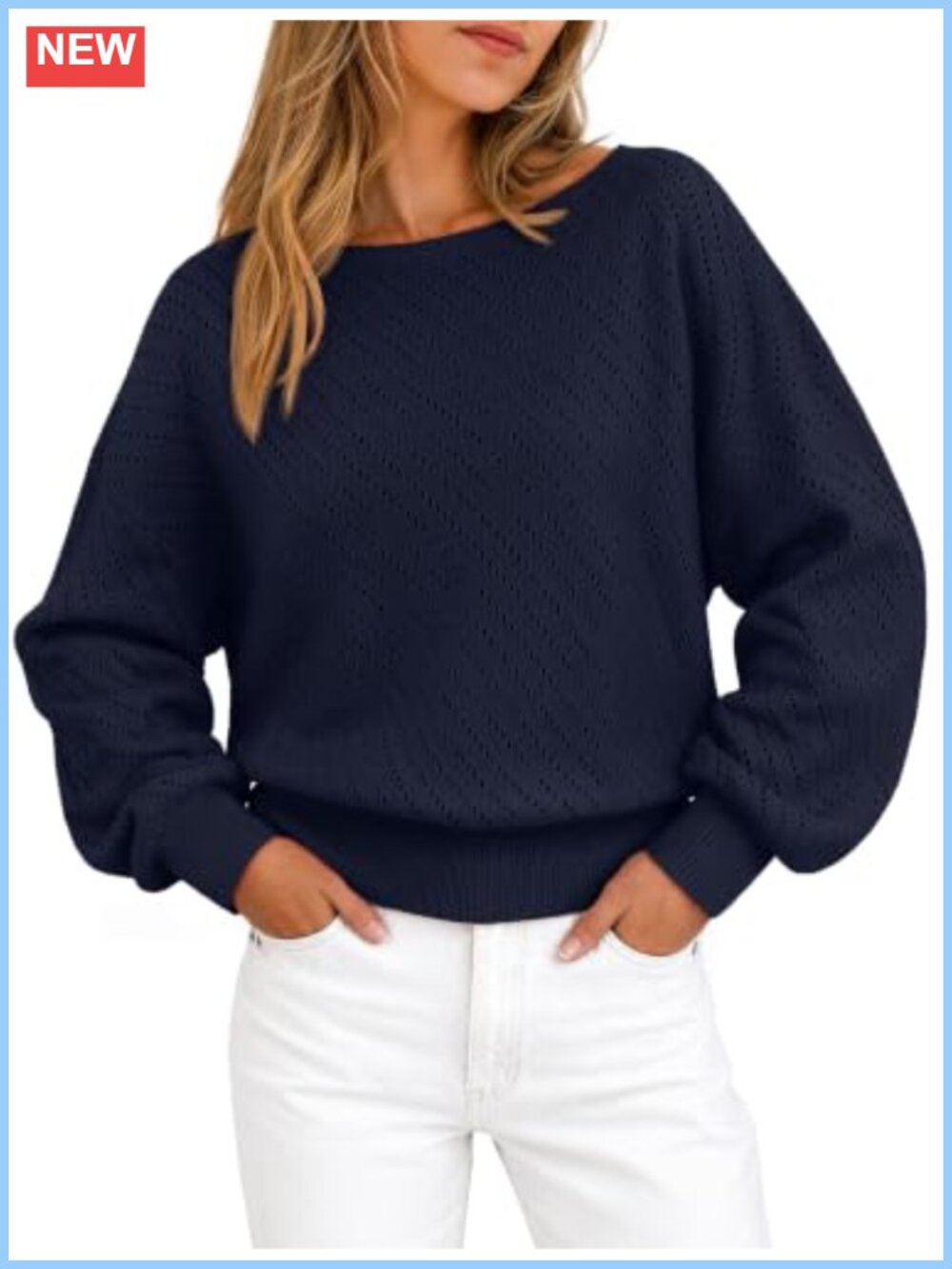 Womens Boat Neck Long Sleeve Pointelle Knit Sweater Pullover